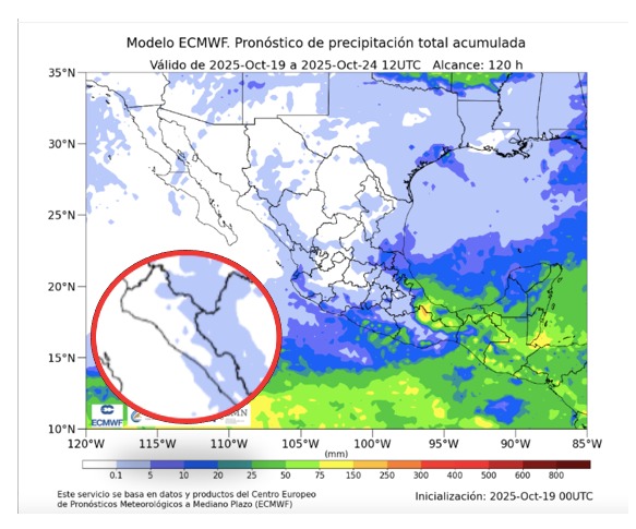 Probabilidad de lluvias a cinco días en México. En el círculo, Sinaloa. SMN