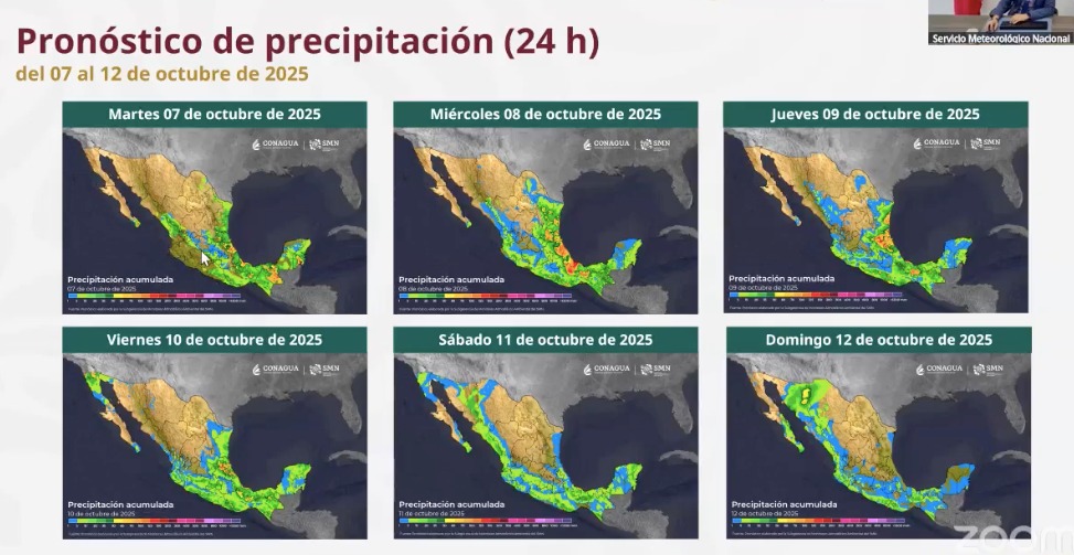 Probabilidad de lluvias en México del 7 al 12 de octubre. Sinaloa con aumento hacia el fin de semana. SMN