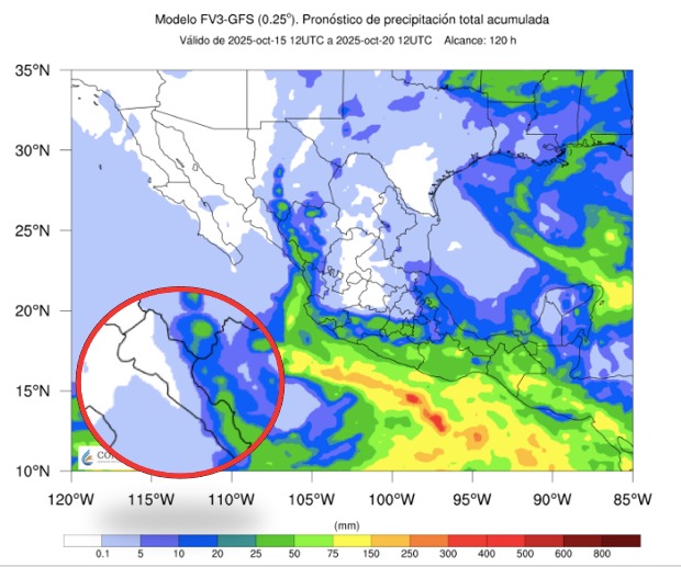 Probabilidad de lluvias a cinco días en México. En el círculo, Sinaloa. SMN