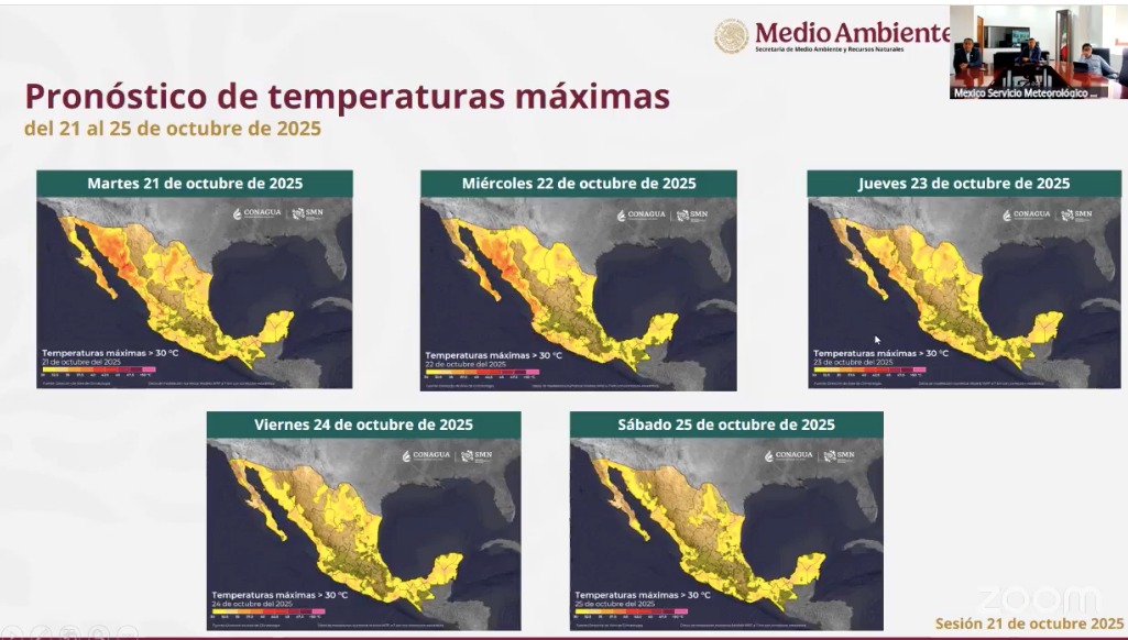 Pronóstico de temperaturas máximas a nivel nacional del 21 al 25 de octubre de 2025. SMN