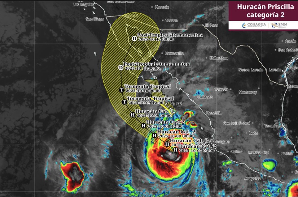 Pronóstico de trayectoria del huracán Priscilla, hoy en la categoría 2. SMN.