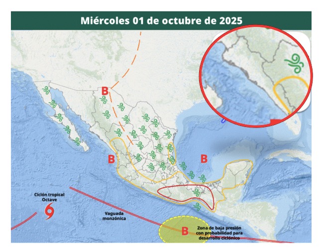 Áreas de vigilancia por potencial de tormentas en México. Sinaloa en el círculo