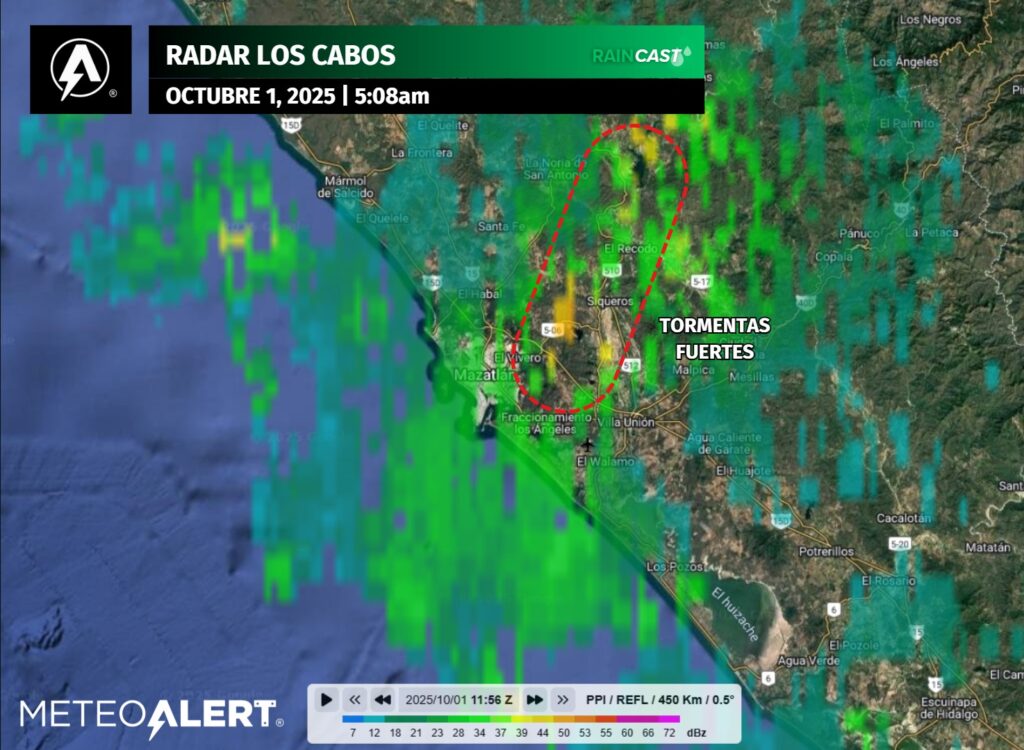 Imagen de radar de lluvias en Sinaloa. MeteoAlert Mazatlán
