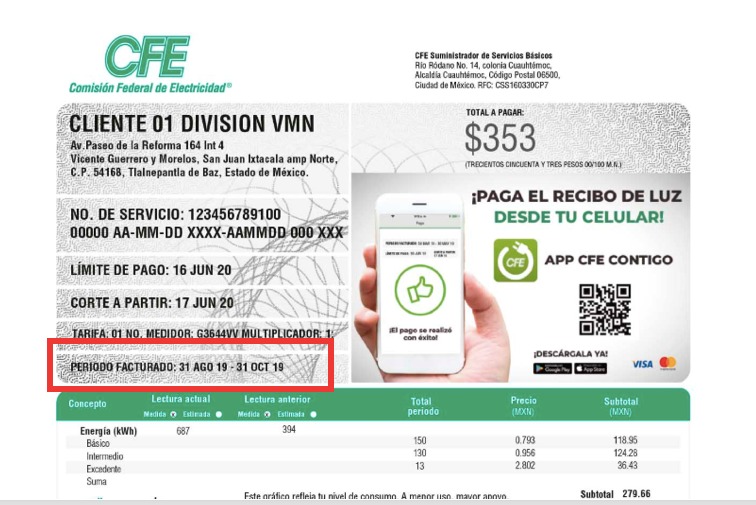 Recibo de pago CFE. En rojo se marca el periodo de facturación