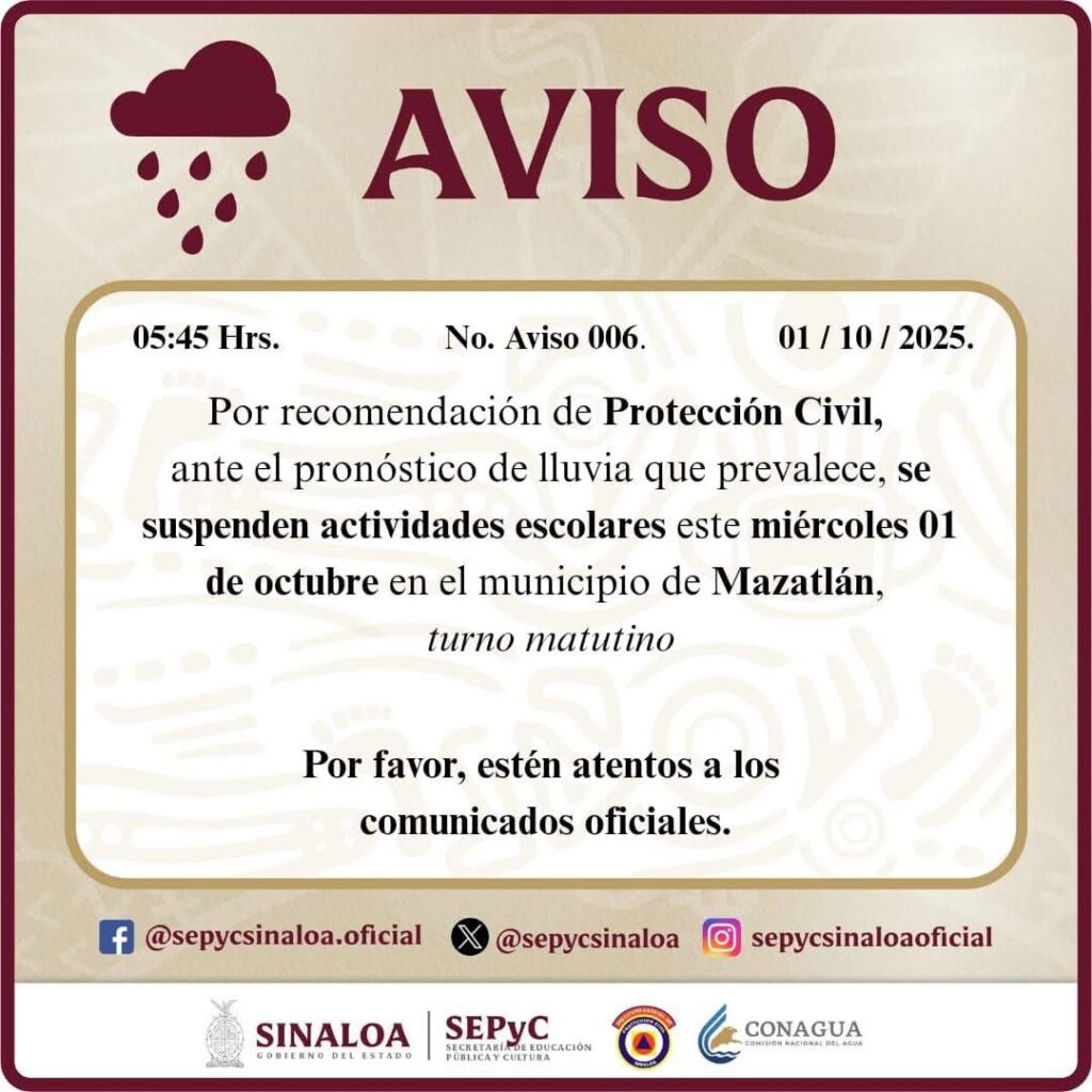 Aviso de suspensión de clases para el turno matutino en educación básica. Sepyc