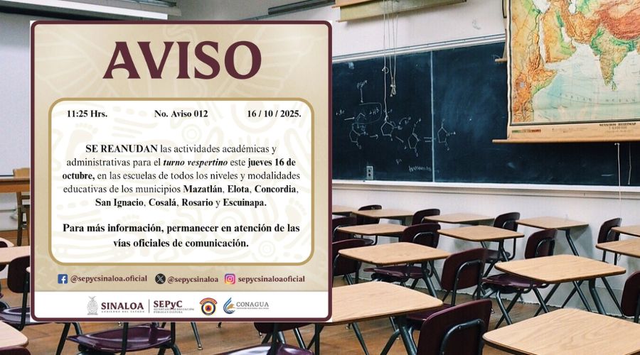 Turno vespertino si tendrá clases en sur de Sinaloa