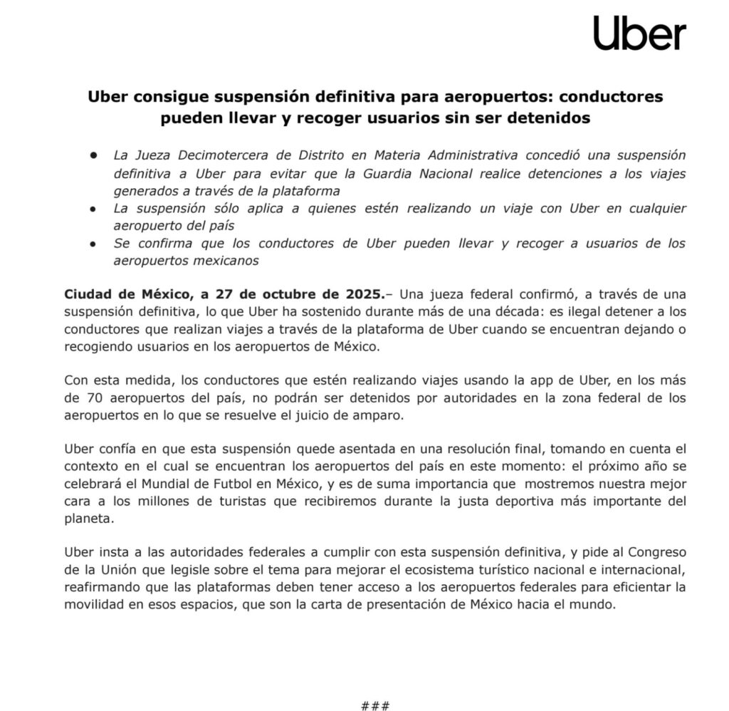 Comunicado de Uber.