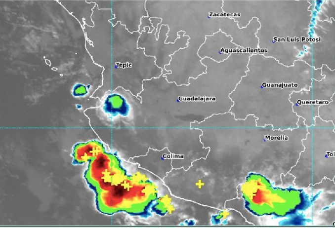 Zonas de México con probabilidad de lluvias debido a la zona de baja presión con potencial ciclónico. Pronóstico a 3 horas (6:00 a 9:00) hoy 15 de octubre de 2025. SMN