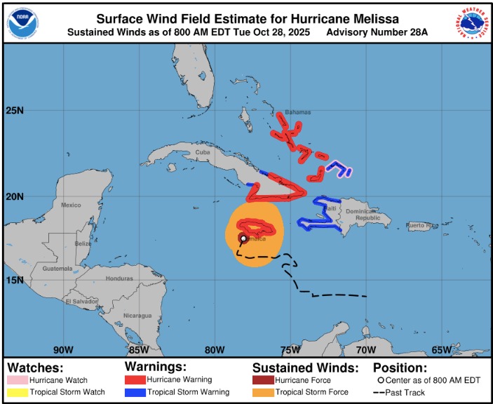 Zonas de alerta ante el inminente golpe del poderoso huracán Melissa en el mar Caribe. NHC