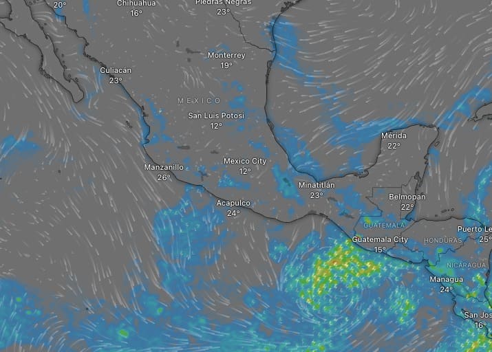 La imagen del sistema Windy marca al sur de México la zona de baja presión con probabilidad de activa al ciclón Sonia.