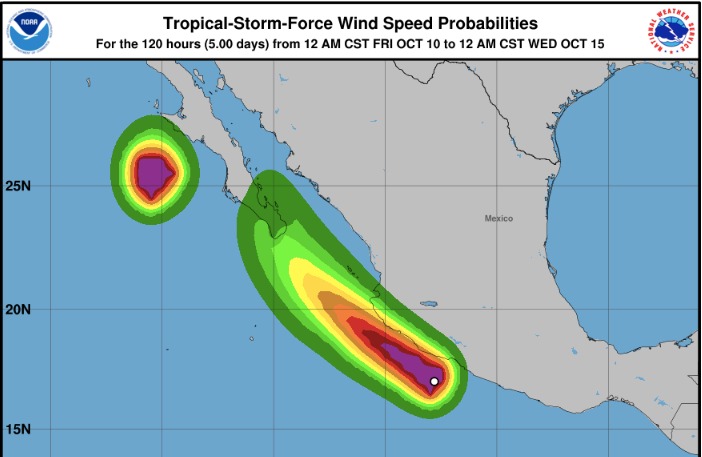 Así capta el NHC la circulación de Priscilla y Raymond, dos tormentas tropicales activas en el océano Pacífico. NOAA