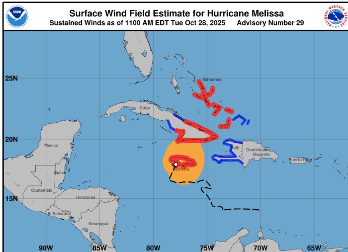 Las bandas del poderoso huracán Melissa ya tocan Jamaica; en unas horas su centro pasará sobre dicha isla.