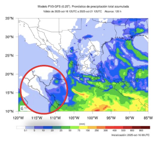 Probabilidad de lluvias a cinco días en México. En el círculo, Sinaloa. SMN