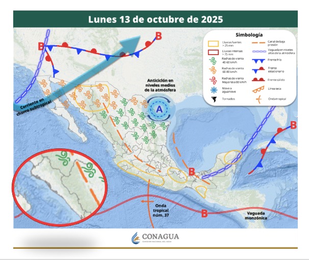 Áreas de vigilancia por potencial de tormentas en México. Sinaloa en el círculo. Conagua-SMN
