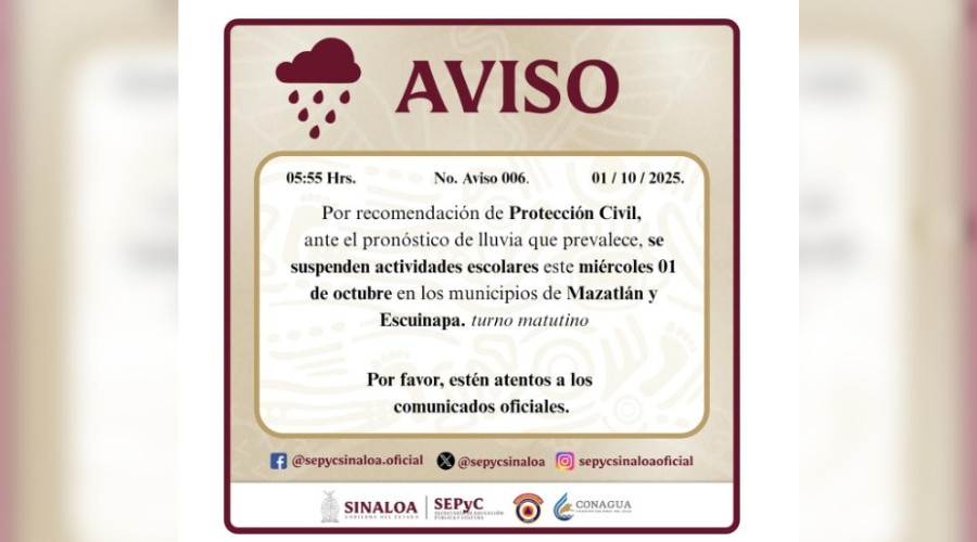 Aviso de suspensión de clases para el turno matutino
