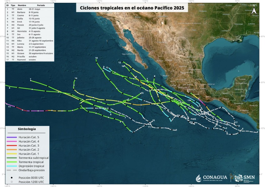 Este es el paso que han seguido los sistemas ciclónicos registrados hasta el momento en el océano Pacífico. El número 5, el único que ha tocado tierra. SMN.