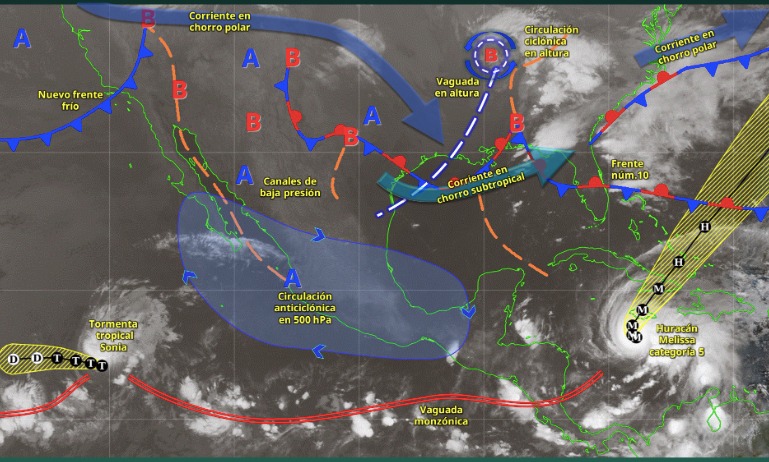 Mapa de sistemas meteorológicos activos hoy lunes 27 de octubre de 2025.