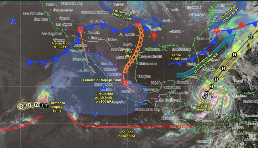 Mapa de sistemas meteorológicos activos hasta las 5:00 horas de este 28 de octubre en México.