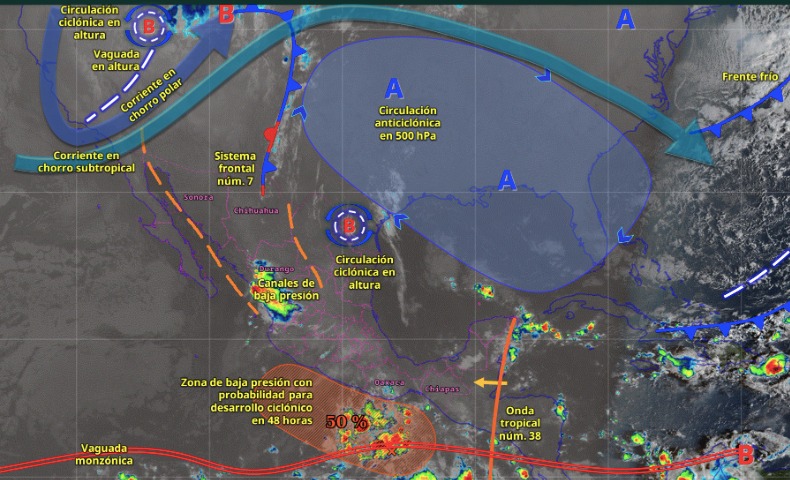 Mapa de sistemas meteorológicos activos en México hoy 16 de octubre de 2025.