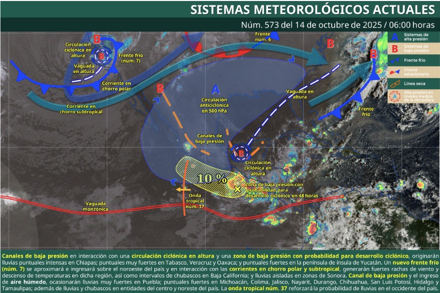 Mas de sistemas meteorológicos actuales en México.