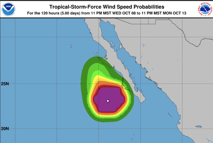 La tormenta tropical Priscilla, cada vez más débil frente a BCS. NHC.