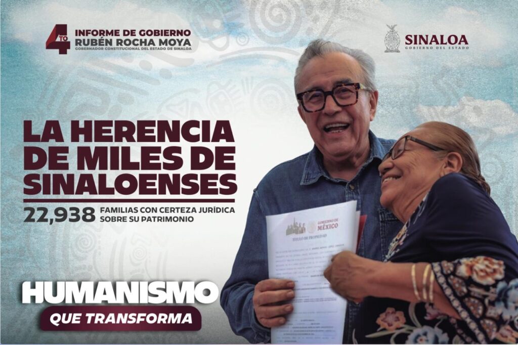 Diseño del Cuarto informe de gobierno de Rubén Rocha Moya junto a una señora