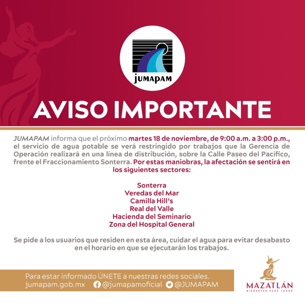 Aviso de suspensión de servicio de agua potable en Mazatlán