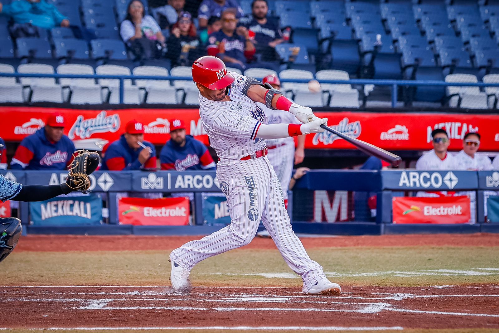 Jugador de Águilas de Mexicali en la caja de bateo haciendo swing