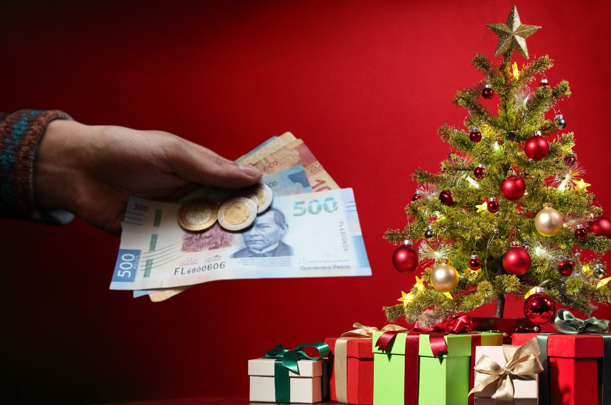 Mano con dinero y una decoración con árbol navideño y regalos