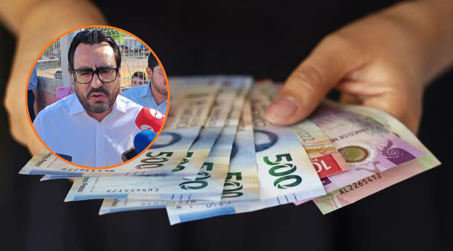 Manos sosteniendo una buena cantidad de billetes de diferentes valores y en un circulo Juan de Dios Mendivil