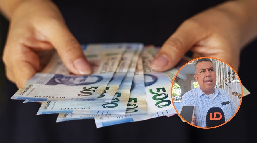 De fondo persona sosteniendo billetes con sus manos y en un circulo abajo a la derecha Julio César Ramos, tesorero municipal dando declaraciones para los medios de comunicación