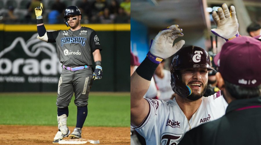 A la Izquierda Esteban Quiroz jugador de Algodoneros de Guasave pisando la segunda base con el brazo levantado mirando hacia en frente, a la derecha Orlando Martínez llegando al dugout de Tomateros siendo felicitado por sus compañeros