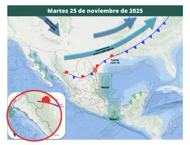 Imagen satelital de México que representa la probabilidad de tormentas