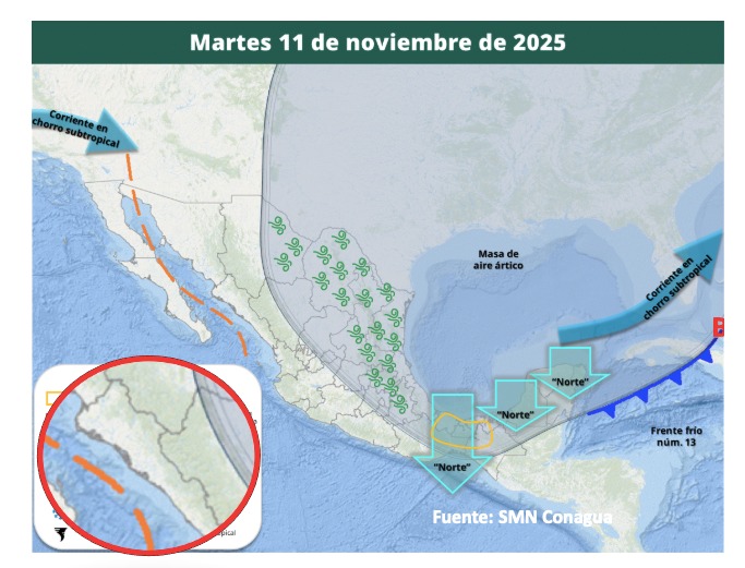 Imagen satelital de México que representa la probabilidad de tormentas