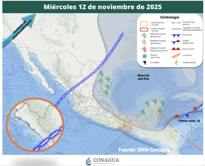 Imagen satelital de México que representa la probabilidad de tormentas