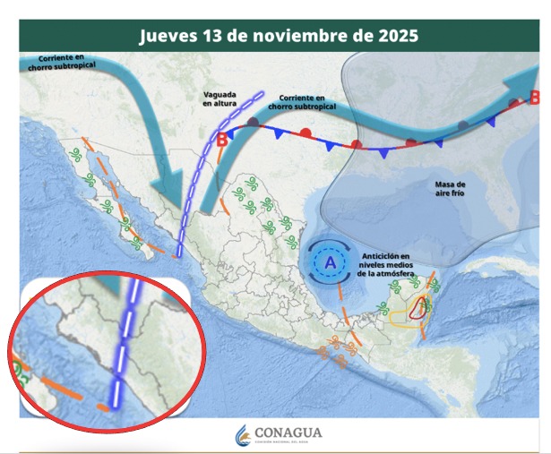 Imagen satelital de México que representa la probabilidad de tormentas