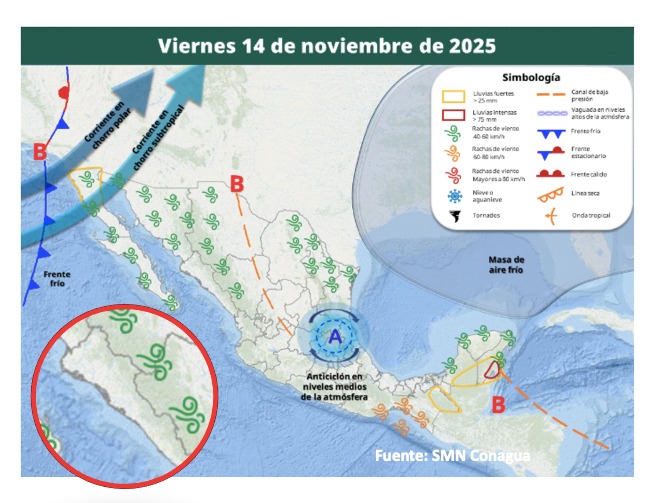 Imagen satelital de México indicando la posibilidad de tormentas, Sinaloa en un círculo