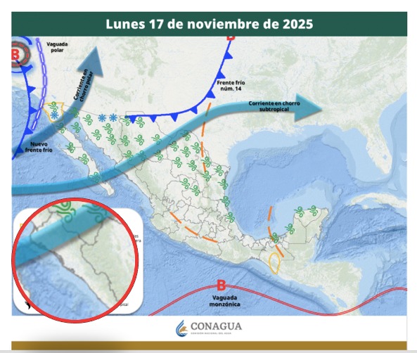 Imagen satelital de México que representa la probabilidad de tormentas