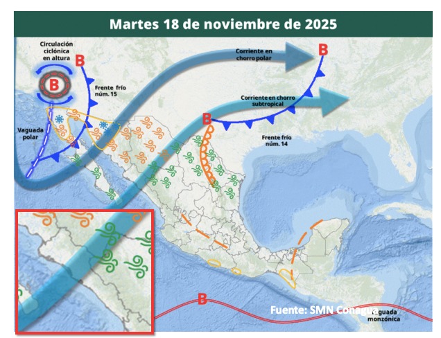 Imagen satelital de México que representa la probabilidad de tormentas