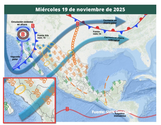 Imagen satelital de México que representa la probabilidad de tormentas