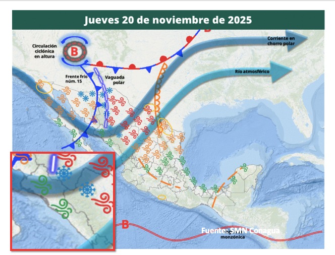 Imagen satelital de México que representa la probabilidad de tormentas