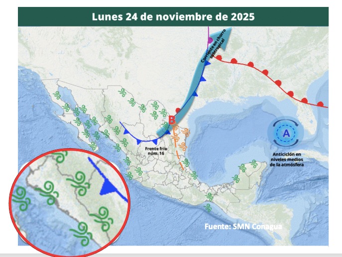 Imagen satelital de México que representa la probabilidad de tormentas