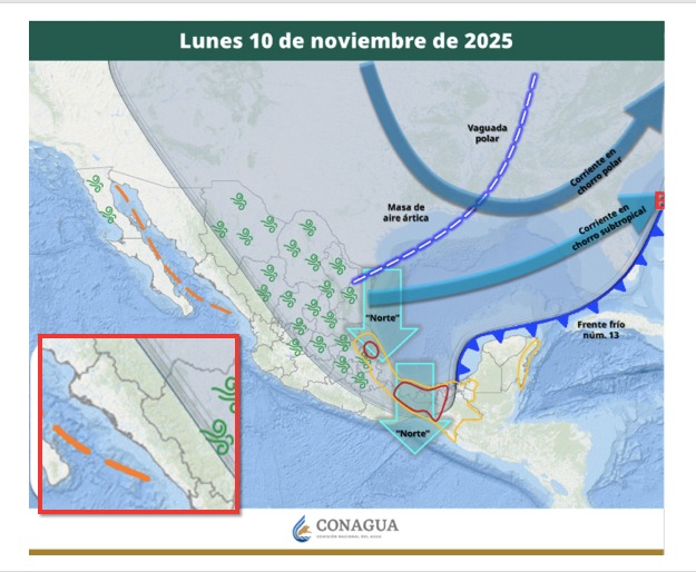 Imagen satelital de México que representa la probabilidad de tormentas