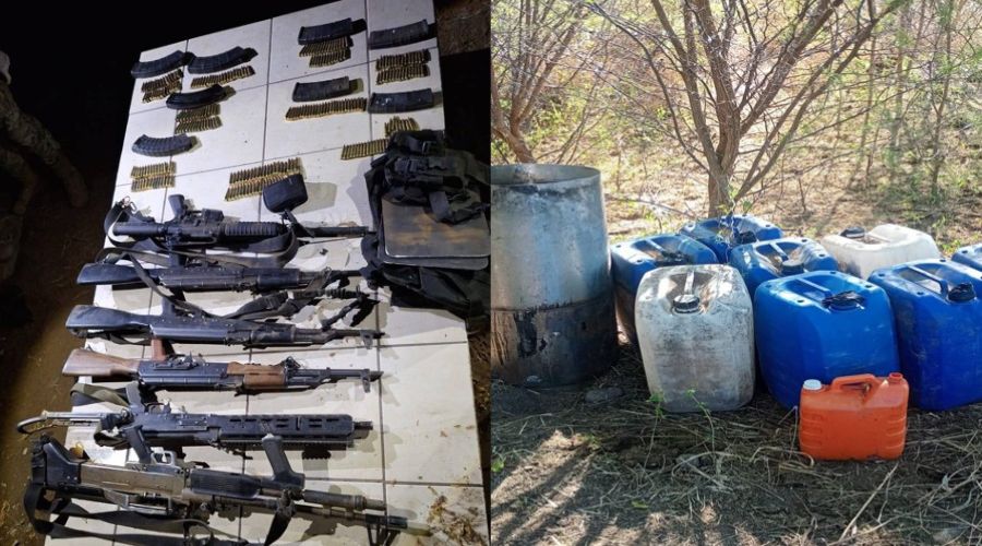 Armas de diferente calibre, botes y garrafones utilizados para crear drogas