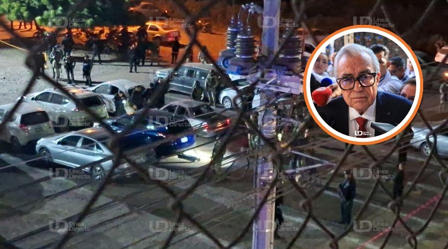 Foto de un estacionamiento con carros y en un círculo Rubén Rocha Moya, gobernador de Sinloa