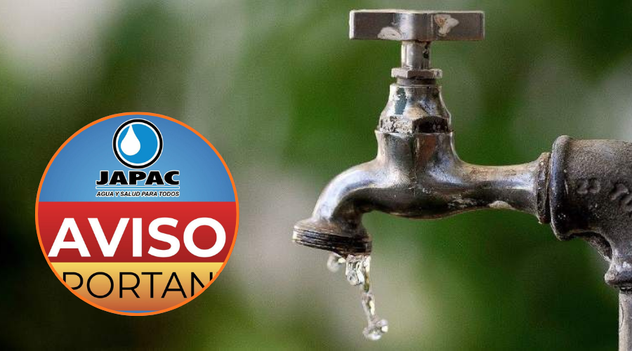 En grande una llave de la que apenas sale agua y en un circulo a la izquierda una foto de aviso de Japac