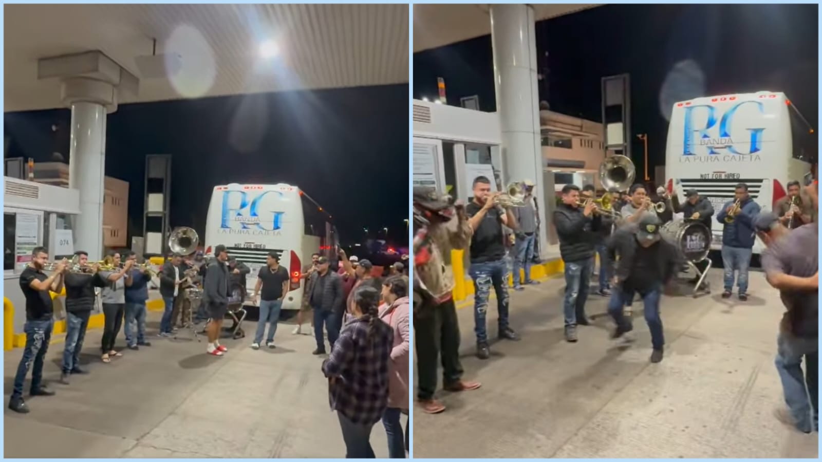 Grupo de música banda amenizando y tocando en una caseta de peaje mientras productores agrícolas bailan y disfrutan de la música