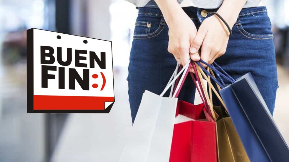 Persona sosteniendo bolsas y a la izquierda el logo del buen fin