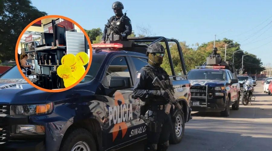 Patrullas estatales de Sinaloa con elementos y en un círculo una edición{on de un negocio