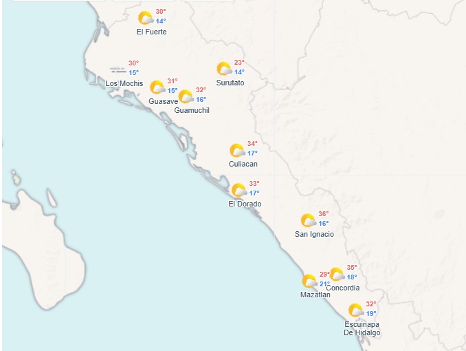 Imagen satelital de Sinaloa indicando las temperaturas máximas y minimas por región